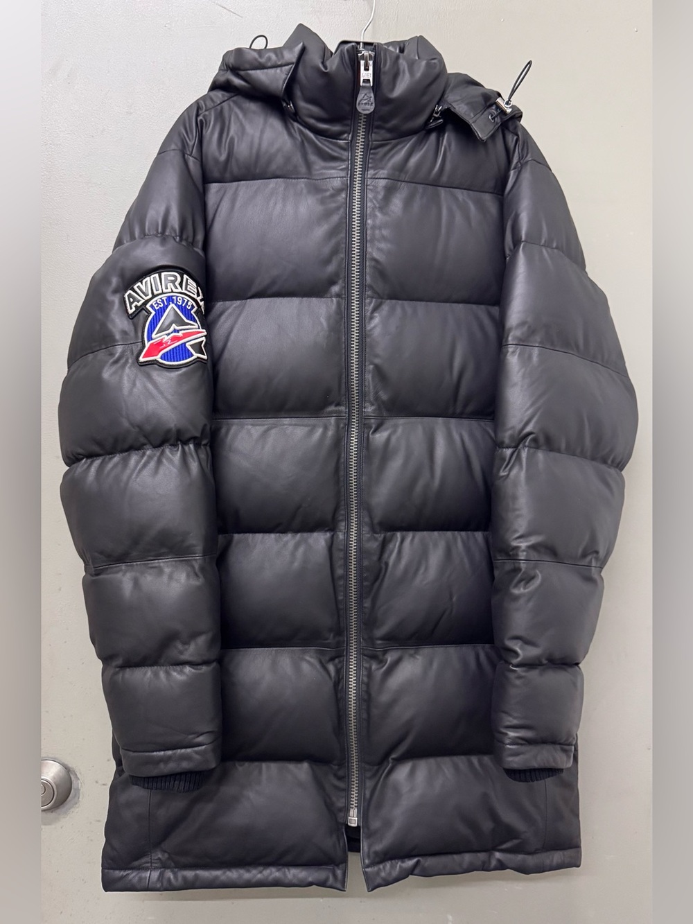 Avirex Black Quilted Long Hooded Puffer with Sleeve Patch Mens size M